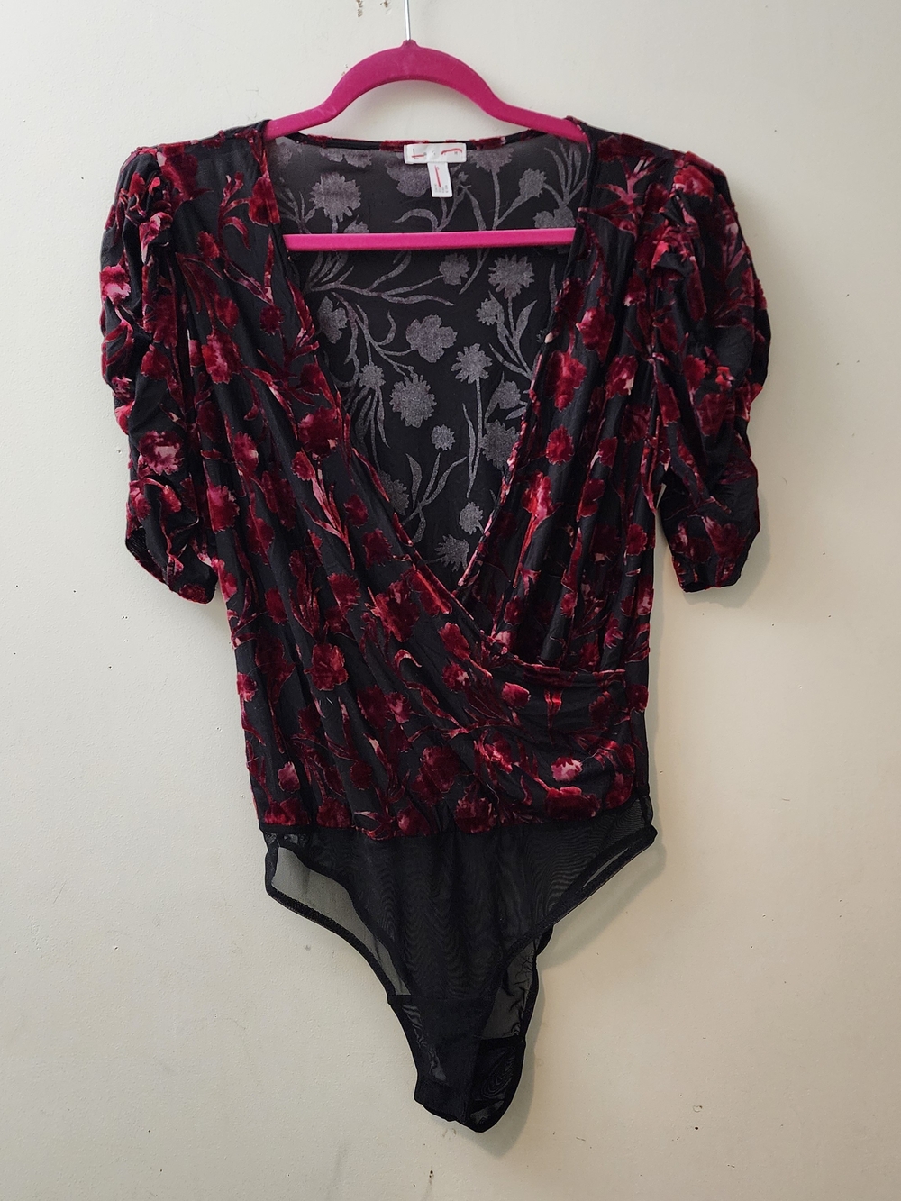LEITH S Velvet Burnout Wrap Bodysuit  Red/Black  Whimsigoth Witchy Dark Fairy...